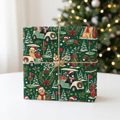 Dark green wrapping paper with dogs in Santa hats, golf carts with wreaths, flags, clubs, snowy trees and golf balls.