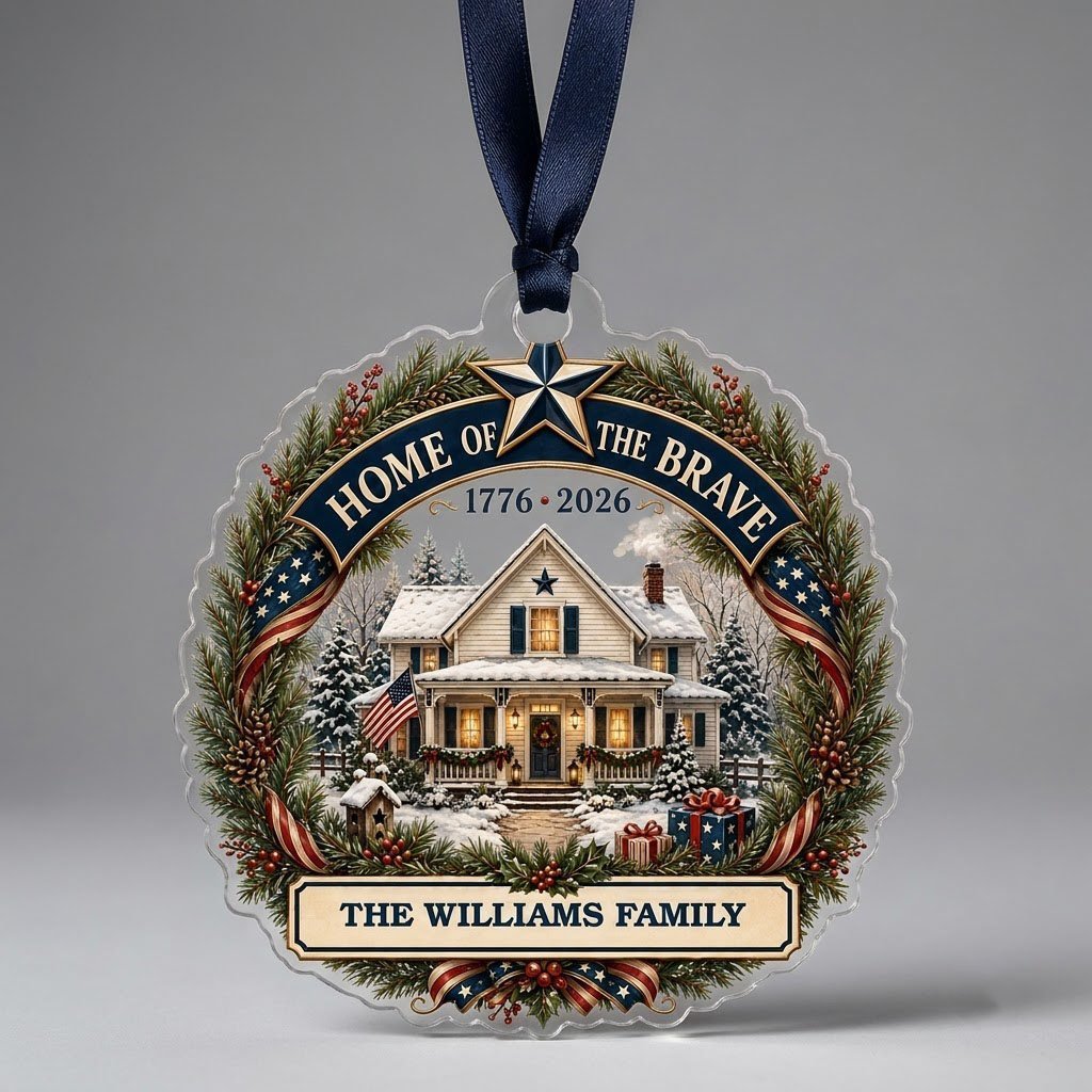 Personalized America 250th Home of the Brave Acrylic Ornament, Custom Patriotic Holiday Keepsake