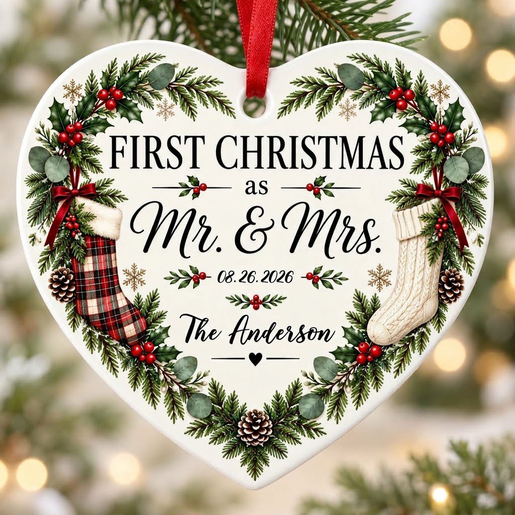 Heart ornament with greenery border, two stockings on bows, and 'FIRST CHRISTMAS as Mr. & Mrs.' text.