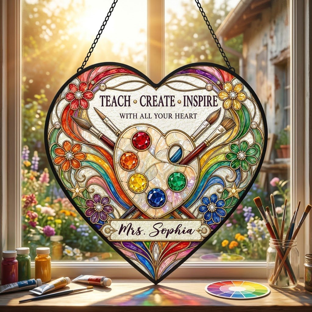 Heart-shaped stained glass suncatcher with palette, brushes, rainbow arcs, flowers and 'Teach • Create • Inspire'.