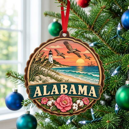 Scalloped wood ornament of an Alabama coastal scene with lighthouse, pelicans, camellias, cotton, and teal banner