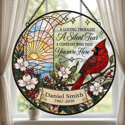 Personalized Red Cardinal Ocean Sunrise A Silent Tear Memorial Stained Glass Round Suncatcher
