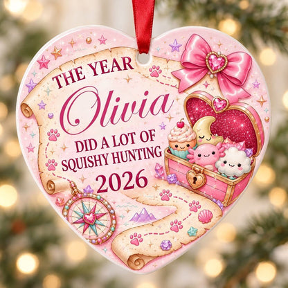 Heart ceramic ornament with a pastel treasure map, pink bow, compass, and a kawaii squishy-filled treasure chest.