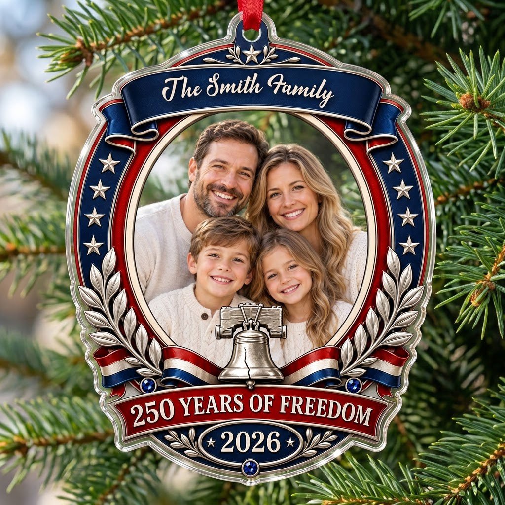 Custom-cut acrylic ornament with patriotic frame, center photo, silver Liberty Bell, laurel branches and blue star bands