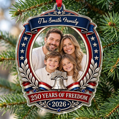 Custom-cut acrylic ornament with patriotic frame, center photo, silver Liberty Bell, laurel branches and blue star bands