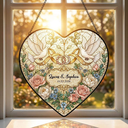 Personalized Wedding Doves & Intertwined Rings Floral Heart Stained Glass Suncatcher