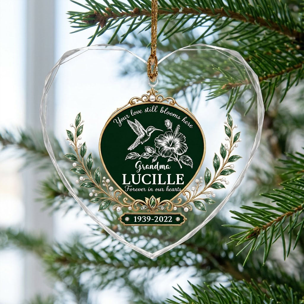 Personalized Hummingbird Memorial Your Love Still Blooms Here Emerald Heart Glass Ornament