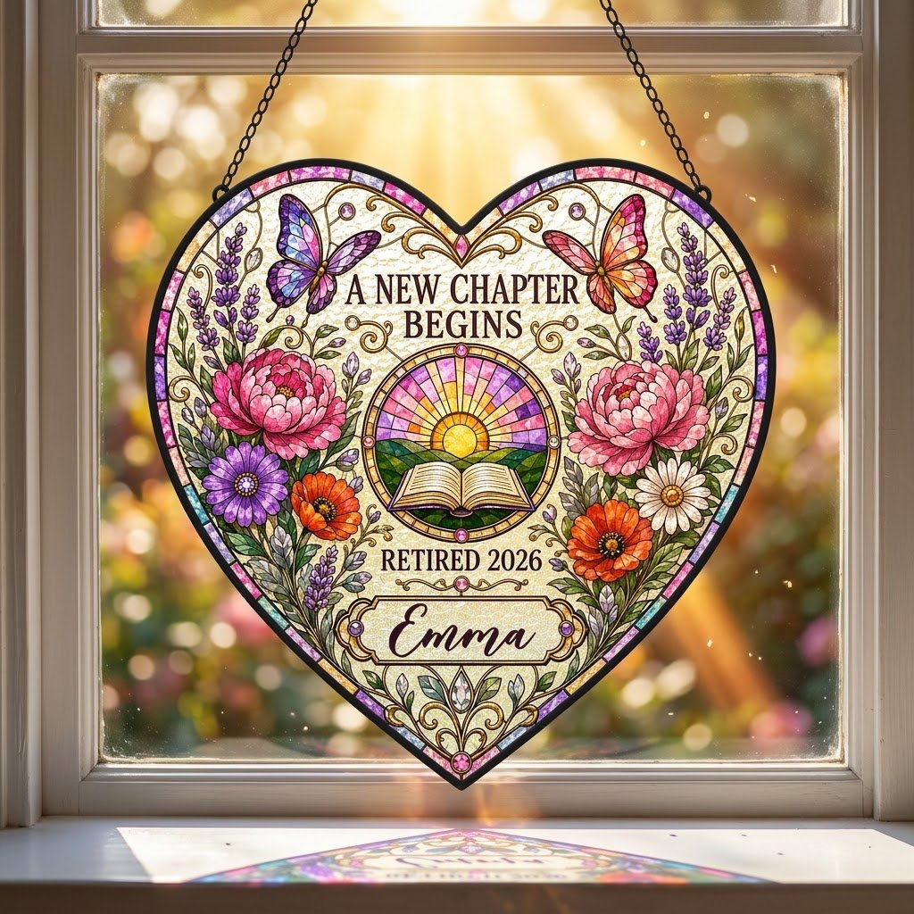 Personalized Retirement Open Book & Sunrise A New Chapter Begins Heart Stained Glass Suncatcher