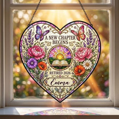 Personalized Retirement Open Book & Sunrise A New Chapter Begins Heart Stained Glass Suncatcher