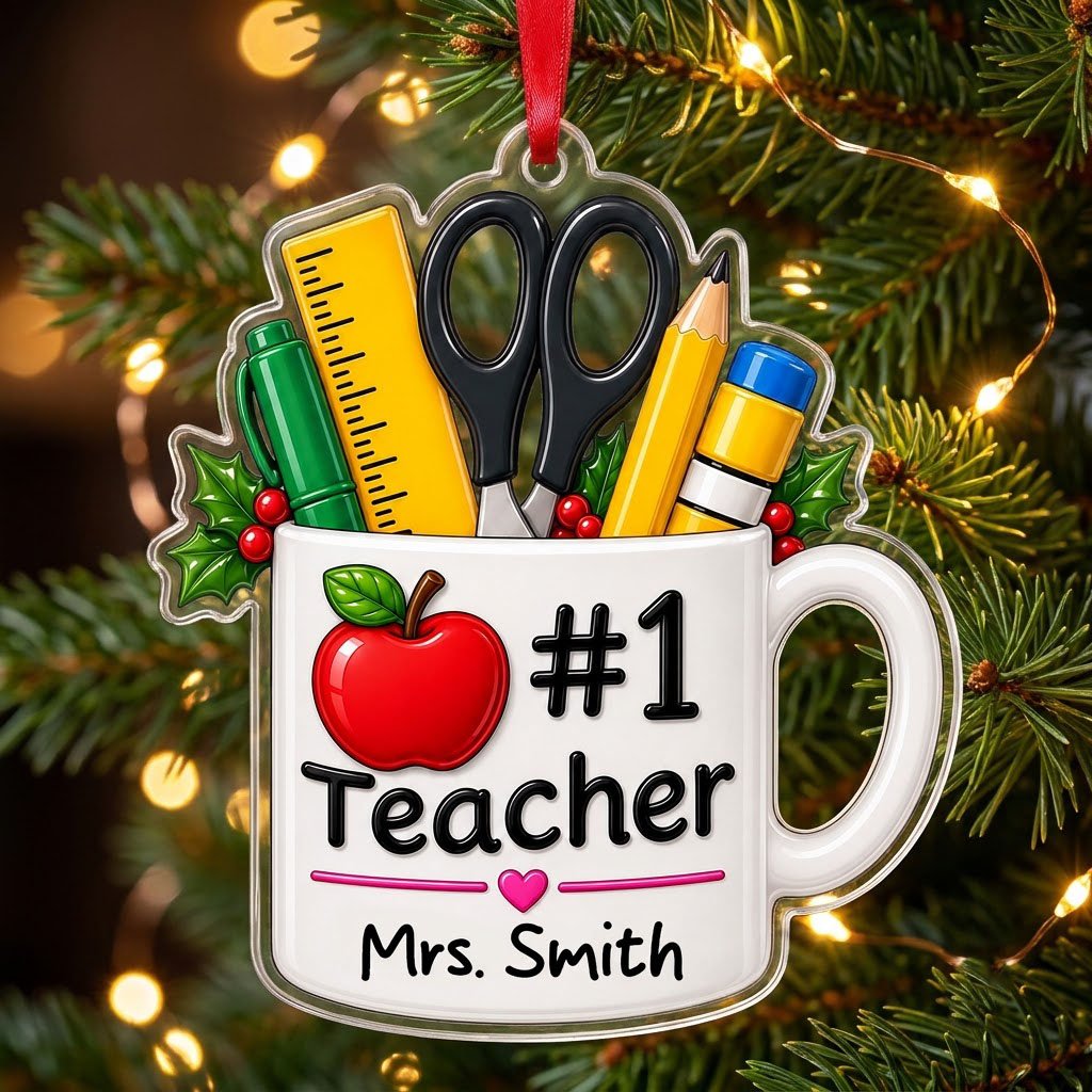 Personalized #1 Teacher Coffee Mug Acrylic Ornament, Custom School Appreciation Keepsake