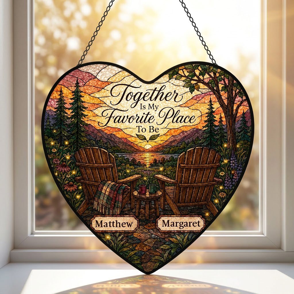 Heart stained glass suncatcher with lake sunset, two chairs, and the words Together Is My Favorite Place To Be.