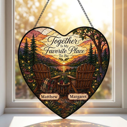 Heart stained glass suncatcher with lake sunset, two chairs, and the words Together Is My Favorite Place To Be.