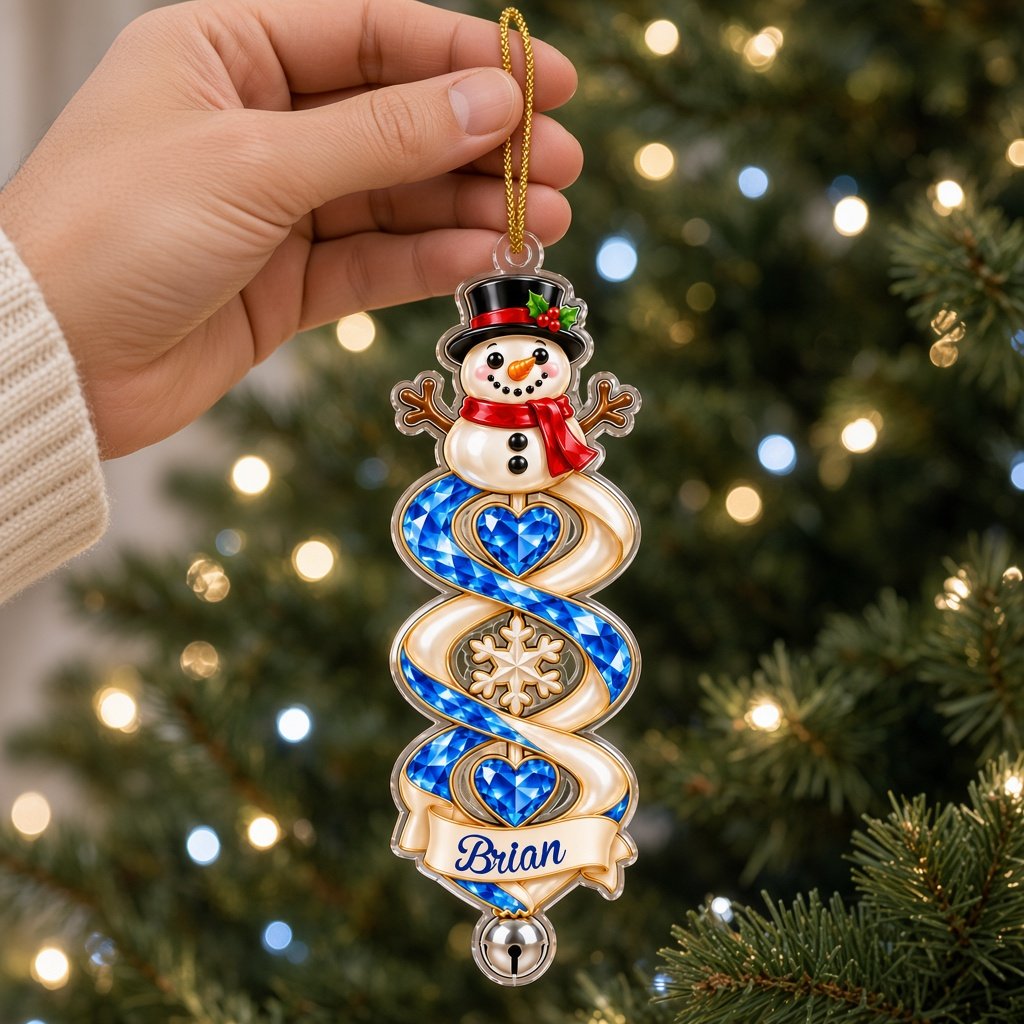 Custom-cut acrylic ornament with snowman or Christmas tree, spiral ribbon, gem hearts, and a name banner with bell.