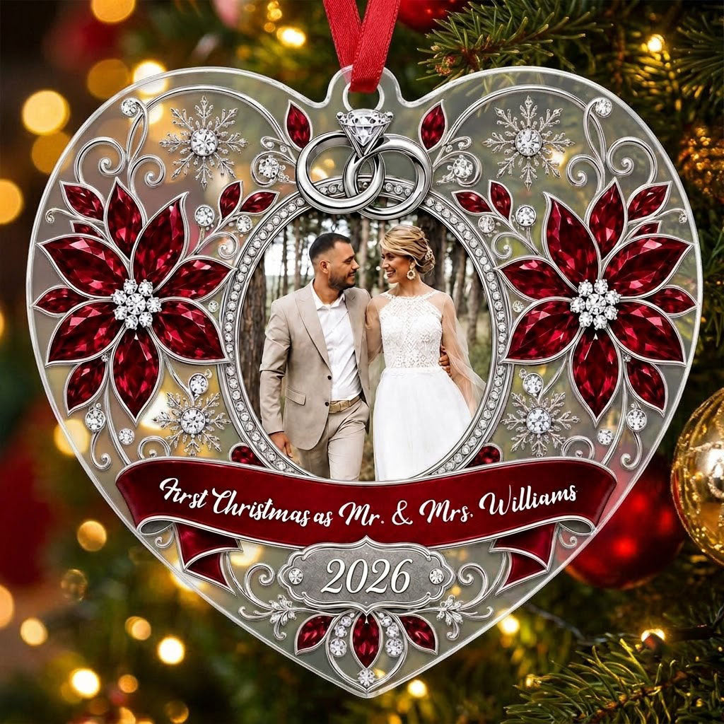 Heart acrylic ornament with couple photo, silver rings, poinsettias, and First Christmas as Mr. & Mrs. 2026.