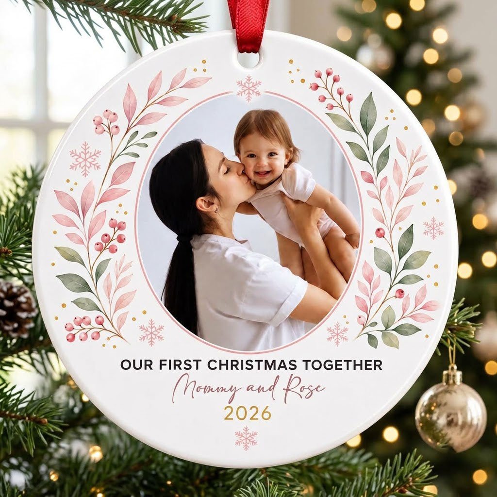 Round ceramic ornament with a photo frame, pink-green botanical wreath, and 'OUR FIRST CHRISTMAS TOGETHER' text.