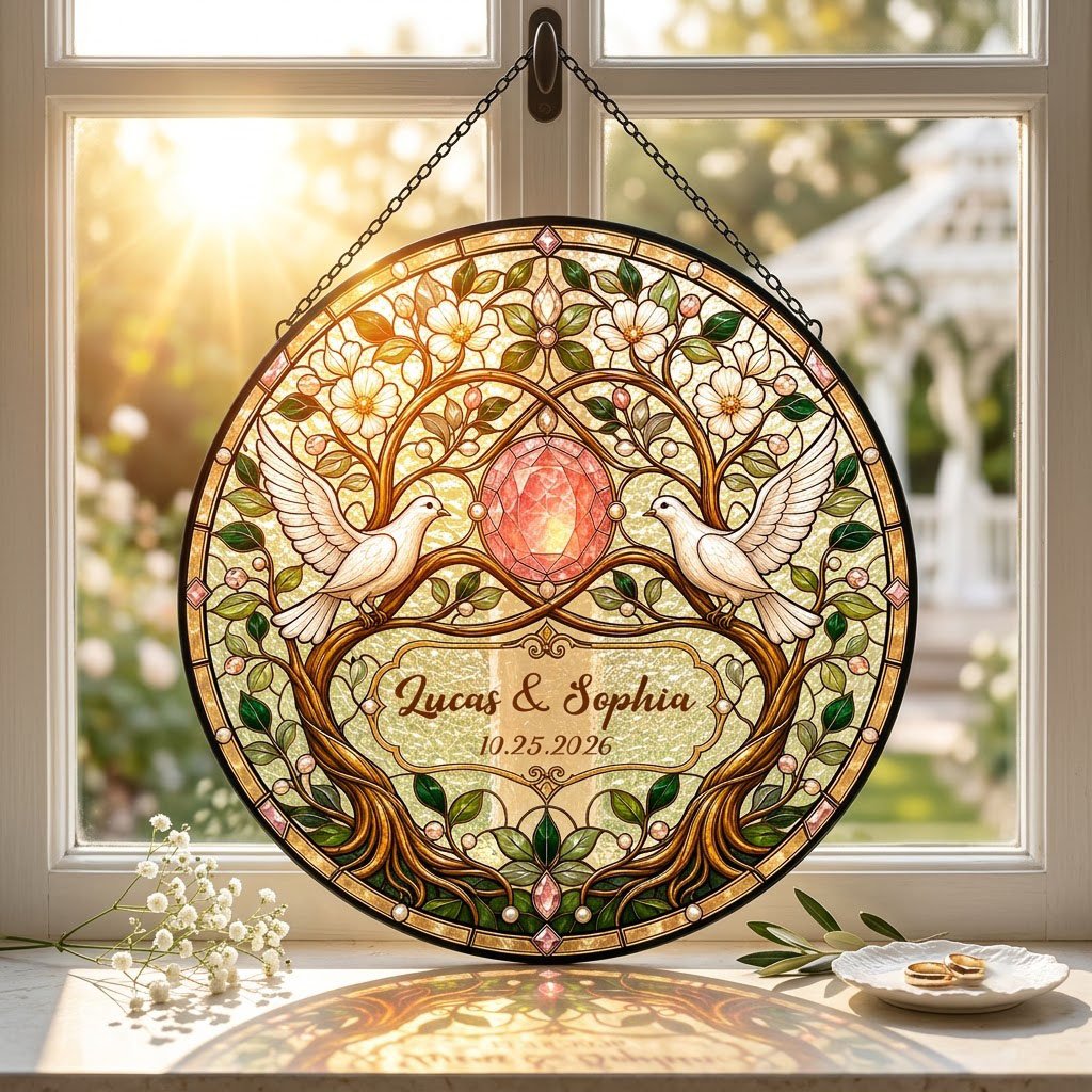 Personalized Wedding Doves & Pink Crystal Gem Floral Tree of Life Stained Glass Round Suncatcher