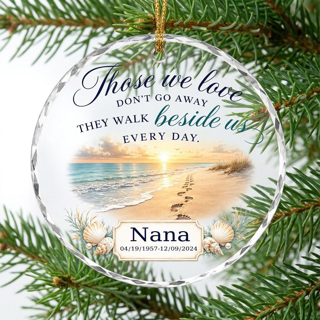 Personalized Beach Footprints Memorial Those We Love Beside Us Round Glass Ornament