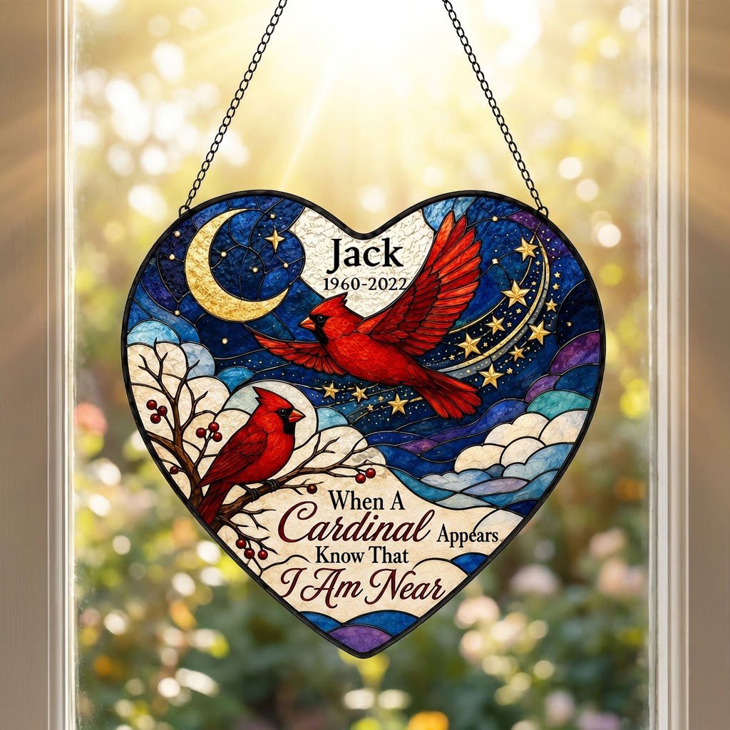 Heart stained-glass suncatcher with two red cardinals, a crescent moon, stars, and a branch with red berries.