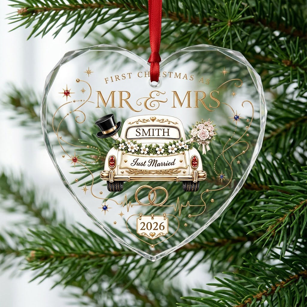 Personalized First Christmas as Mr & Mrs Vintage Just Married Car Heart Glass Ornament