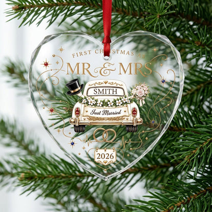 Personalized First Christmas as Mr & Mrs Vintage Just Married Car Heart Glass Ornament