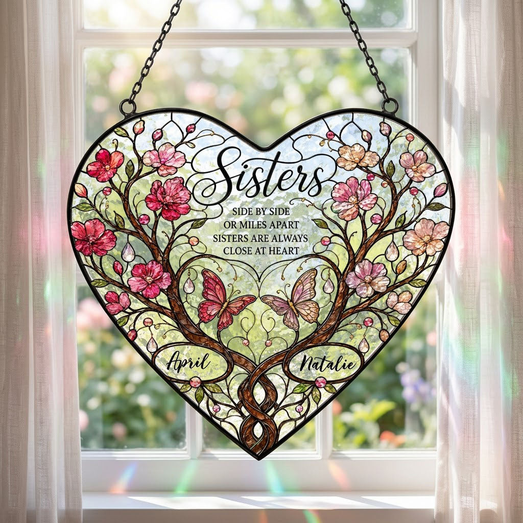 Personalized Sisters Side by Side Heart Stained Glass Suncatcher with Blossoms & Butterflies
