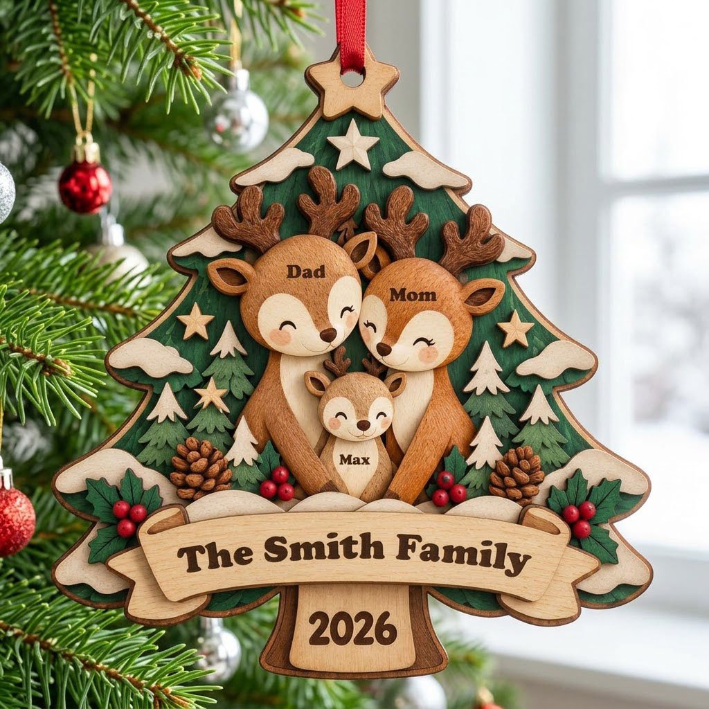 Tree-shaped wood ornament with a deer family, star topper, holly, pinecones, and personalized names and year.