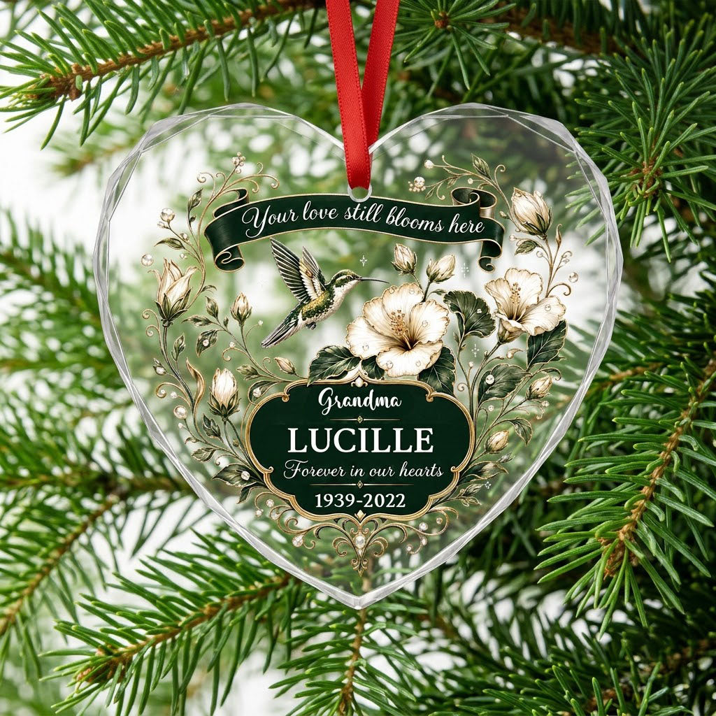 Personalized Hummingbird Memorial Your Love Still Blooms Here Emerald Banner Heart Glass Ornament