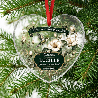 Personalized Hummingbird Memorial Your Love Still Blooms Here Emerald Banner Heart Glass Ornament