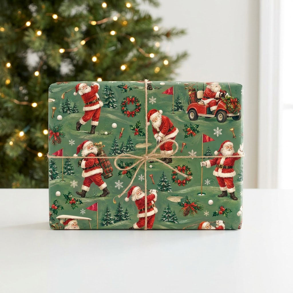 Green golf-themed Christmas wrapping paper with Santa swinging, a red golf cart, flags, balls, pine trees, wreaths and s
