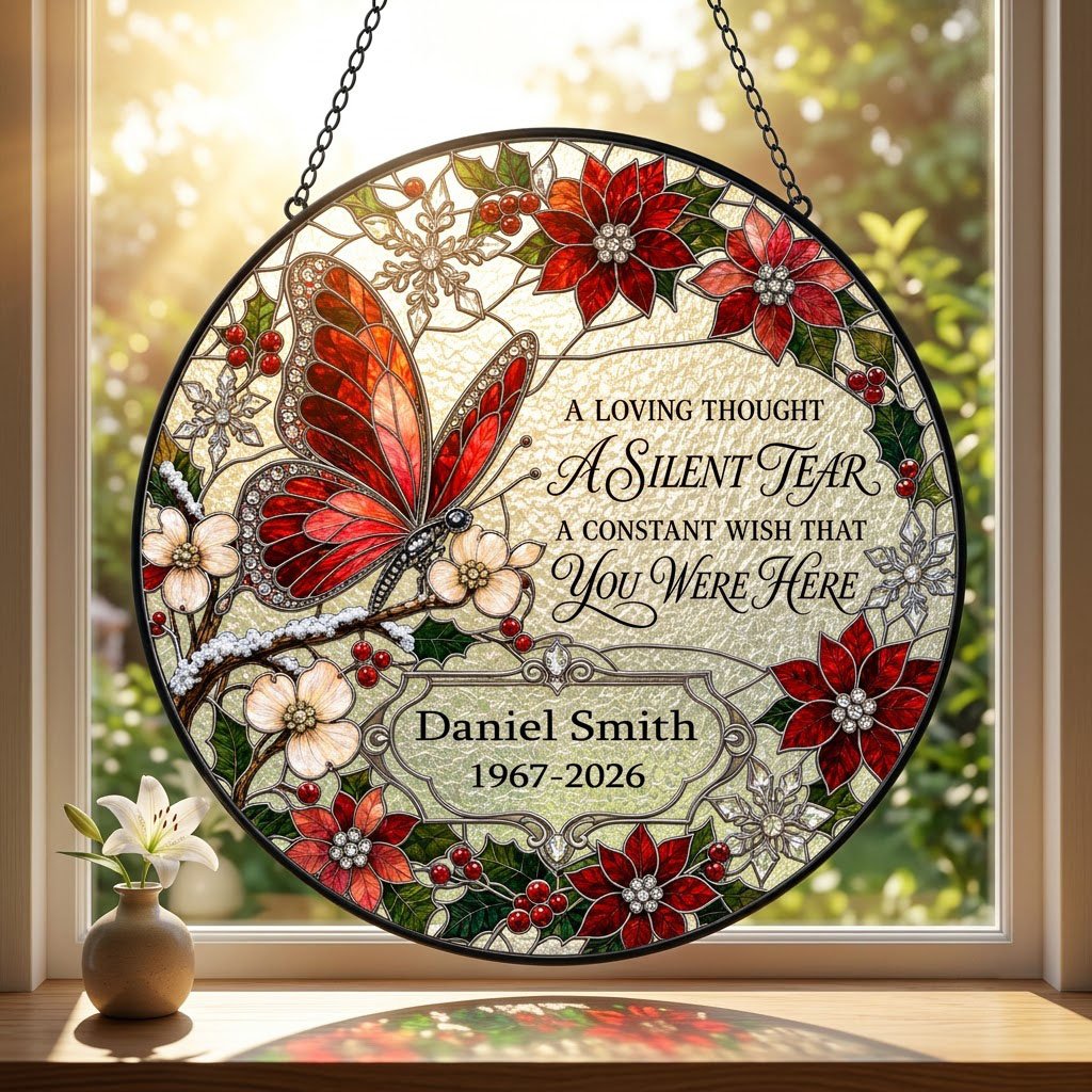 Personalized Red Butterfly Poinsettia A Silent Tear Memorial Stained Glass Round Suncatcher