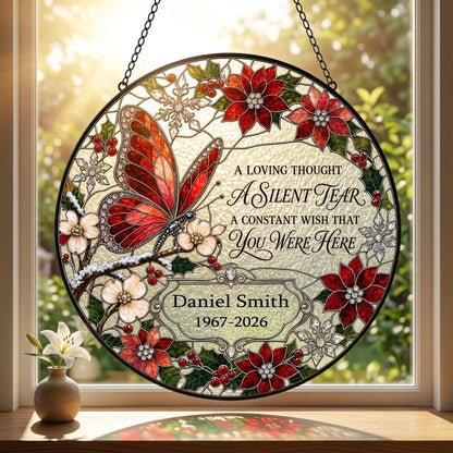 Personalized Red Butterfly Poinsettia A Silent Tear Memorial Stained Glass Round Suncatcher