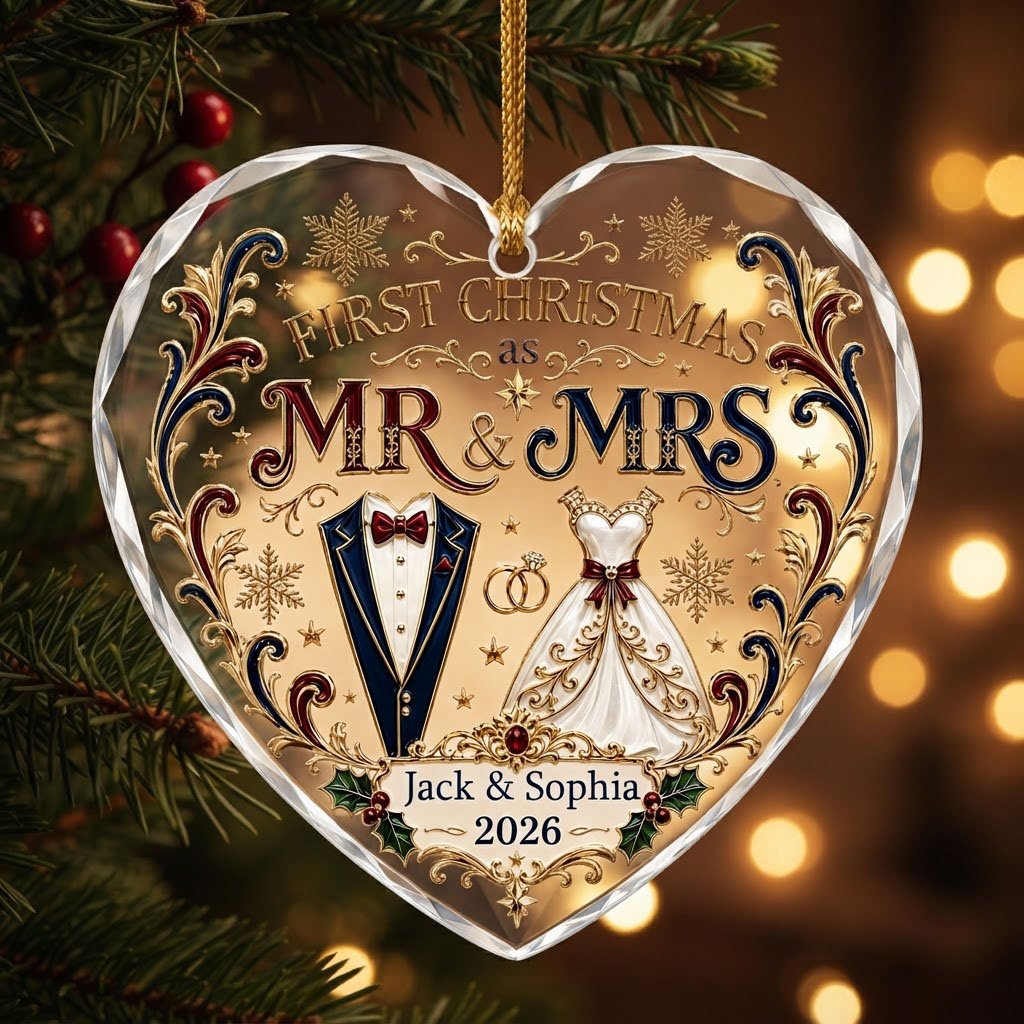 Personalized First Christmas as Mr & Mrs Tuxedo Gown Heart Glass Ornament