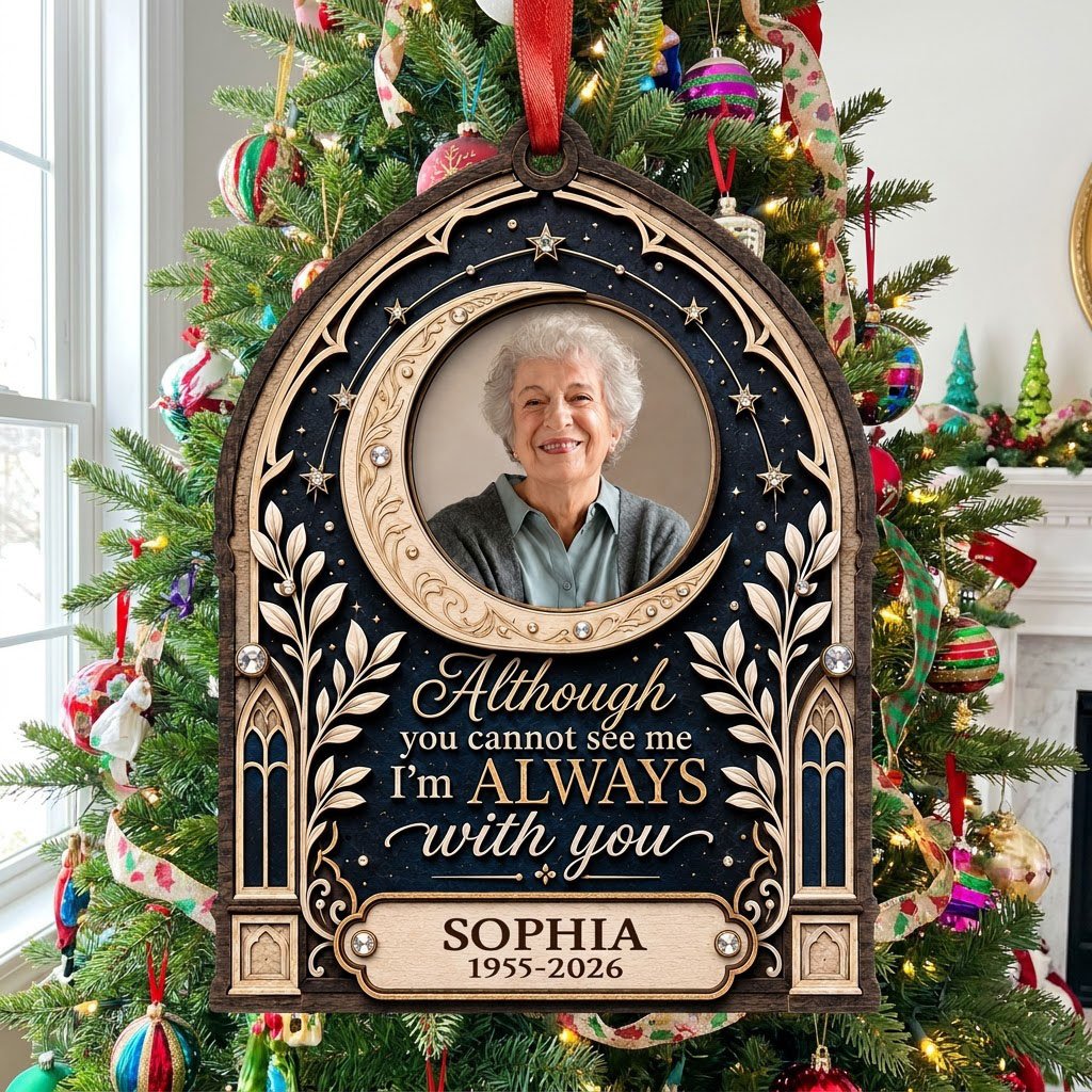 Gothic arch memorial wood ornament with crescent moon photo frame and starry sky with rhinestone accents.