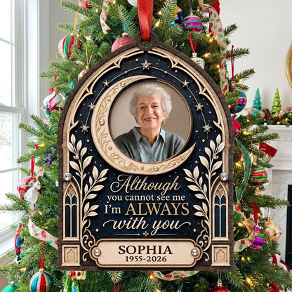 Gothic arch memorial wood ornament with crescent moon photo frame and starry sky with rhinestone accents.