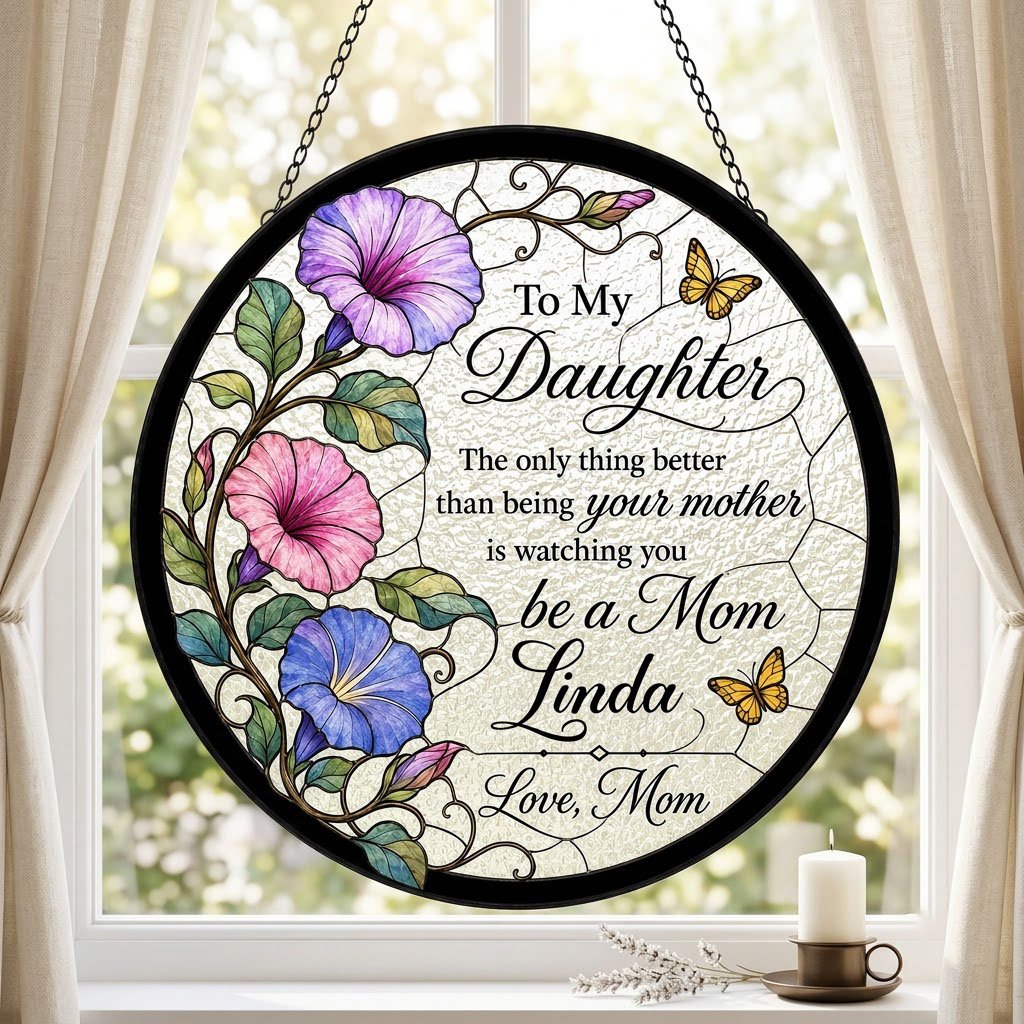 Stained glass–style round suncatcher with three morning glories, two yellow butterflies, and a purple-blue mosaic border