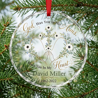 Personalized Praying Hands Botanical Cross Memorial God Has You In His Arms Round Glass Ornament