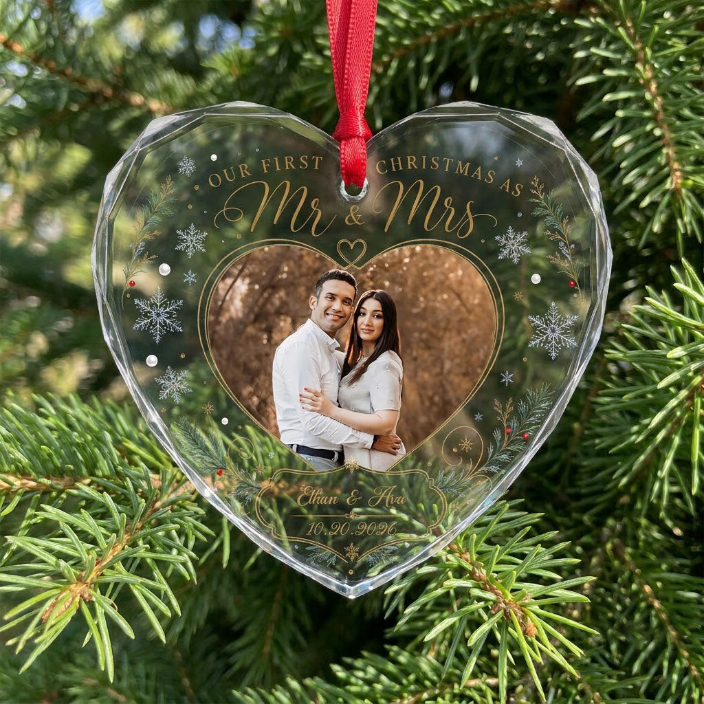 Heart-shaped glass ornament with couple photo, 'Our First Christmas As Mr & Mrs', pine sprigs, berries and gold snowflak