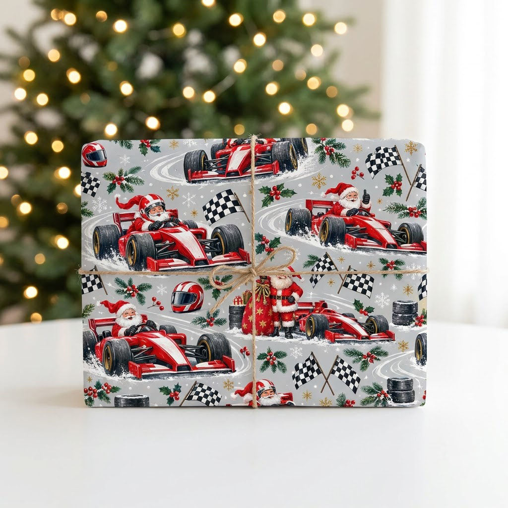 Light grey wrapping paper with Santa in red F1 cars, checkered flags, helmets, holly, and snowflakes.