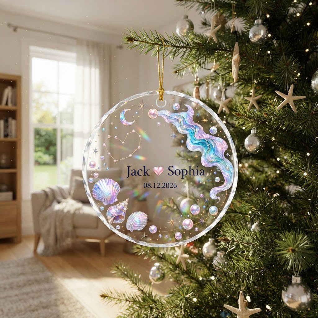 Round glass ornament with iridescent seashells, pearls, crescent moon, and a heart constellation with names and date.