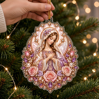 Acrylic ornament of the Virgin Mary with starry halo, pink and purple roses, pearls, gems and gold filigree.