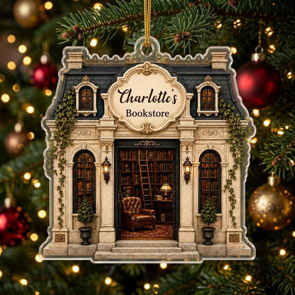 Personalized French Parisian Bookstore Acrylic Ornament, Custom Book Lover Keepsake