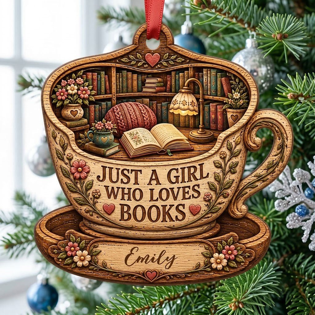 Teacup-shaped wood ornament with cozy library scene and 'JUST A GIRL WHO LOVES BOOKS' plus a personalized name.