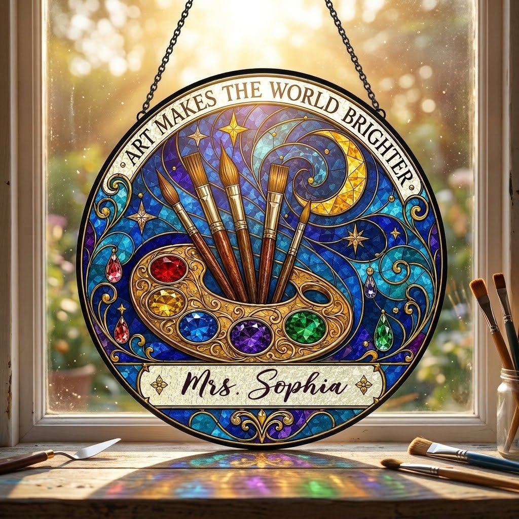 Round stained-glass suncatcher with golden palette, five brushes, moon, and 'Art Makes the World Brighter'.