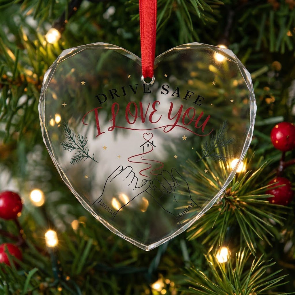 Heart glass ornament with pinky promise hands, red thread to a small house with heart, pine sprigs and gold stars.