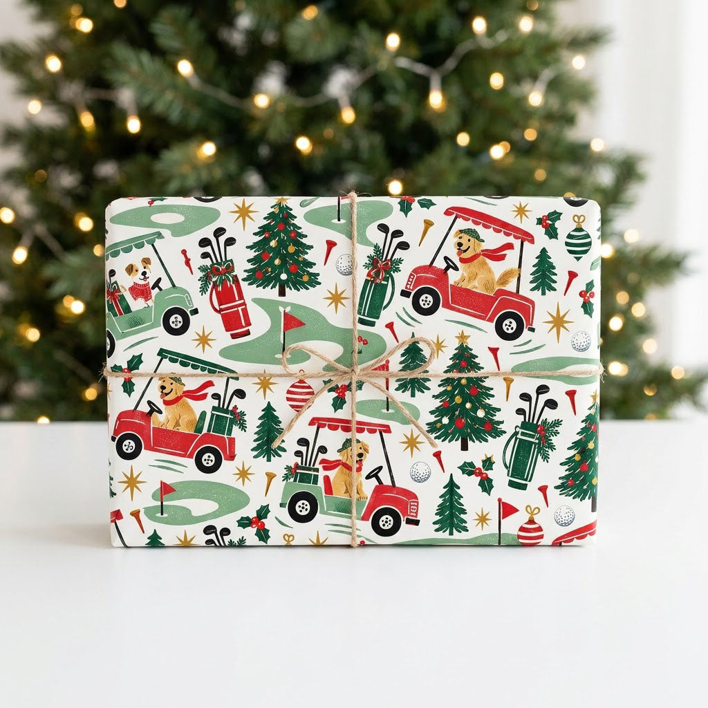 Cream wrapping paper with golden retrievers driving red and green golf carts among Christmas trees and golf icons.