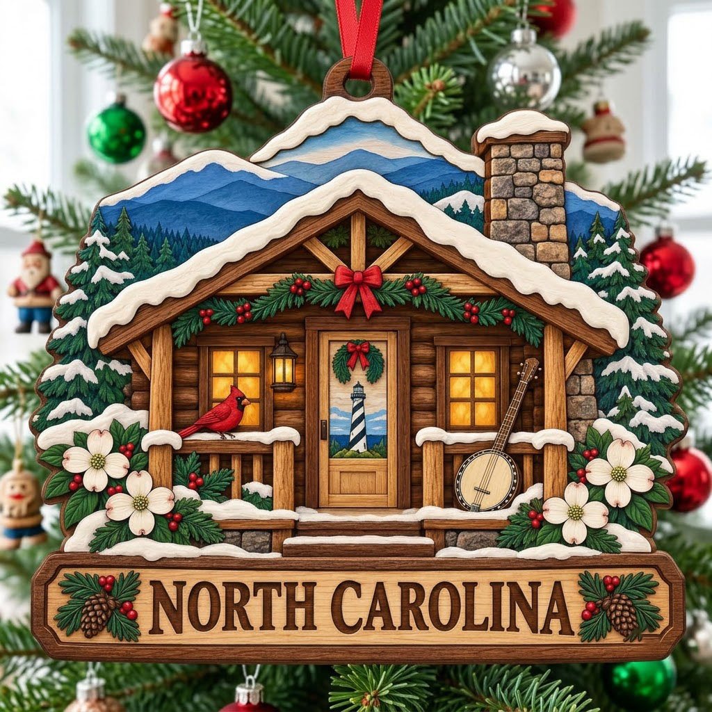 Log cabin ornament with NORTH CAROLINA banner, red cardinal, banjo, dogwood flowers, pine trees, and blue mountains.