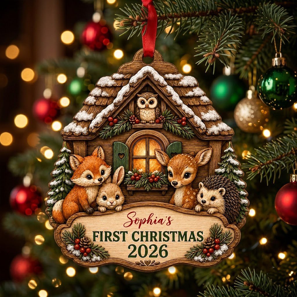 Personalized Woodland Cabin Baby's First Christmas Wood Ornament, Custom Keepsake