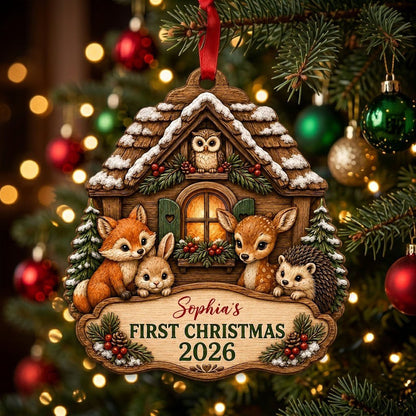 Personalized Woodland Cabin Baby's First Christmas Wood Ornament, Custom Keepsake
