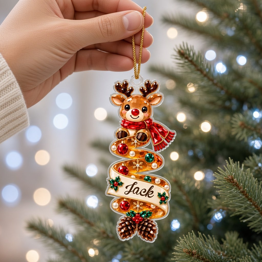 Custom-cut acrylic ornament with a gingerbread man or penguin on spiraling ribbons with a scroll name banner