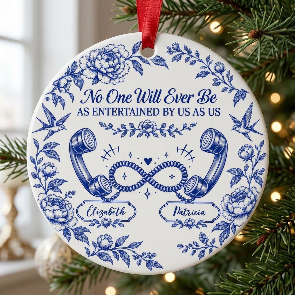 Blue toile round ornament with crown, swallows, vintage phones in an infinity and two name banners